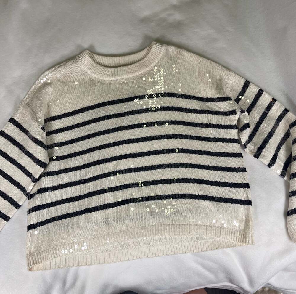 LOFT Sequin Striped Crew Neck Sweater, Size Small Petite